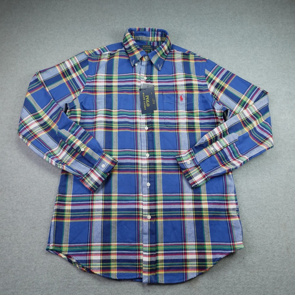 Polo Ralph Lauren Shirt Mens Medium Blue Plaid Flannel Classic Fit Performance